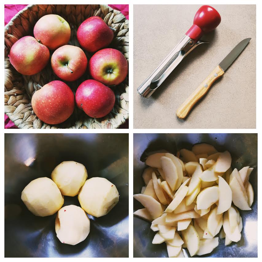 zuckerfreier Apfelkuchen vom Blech Apfel schälen Collage 1 zuckerfreier Apfelkuchen vom Blech -Apfel schälen, Apfelspalten